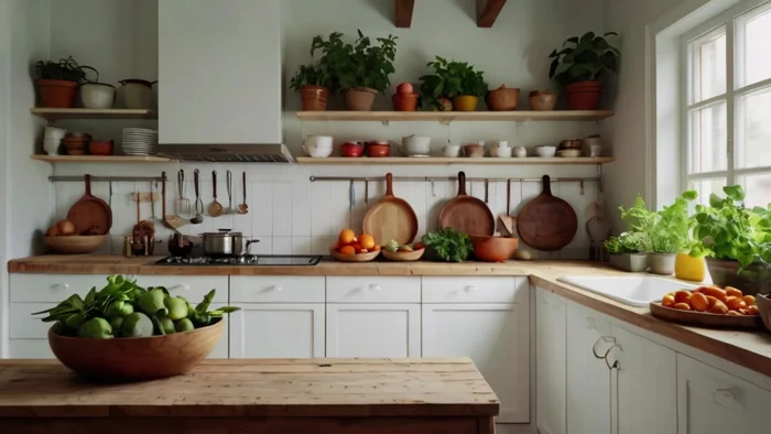 Set table with natural linen placemats, wooden serving boards, and mason jar glasses.