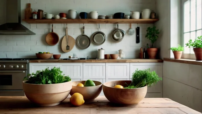 Set table with natural linen placemats, wooden serving boards, and mason jar glasses.