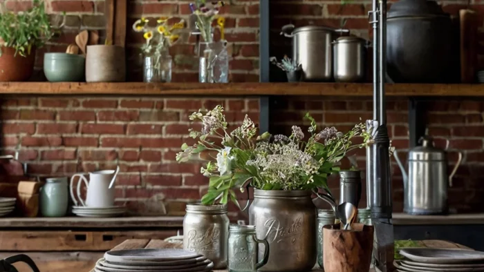 Set table with natural linen placemats, wooden serving boards, and mason jar glasses.