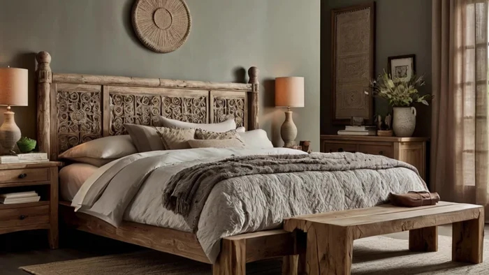 Add a wicker headboard, wooden bedside tables, and fresh flowers.