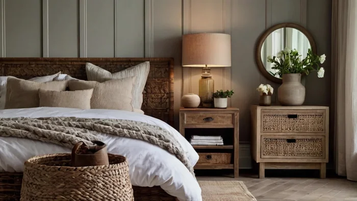 Add a wicker headboard, wooden bedside tables, and fresh flowers.