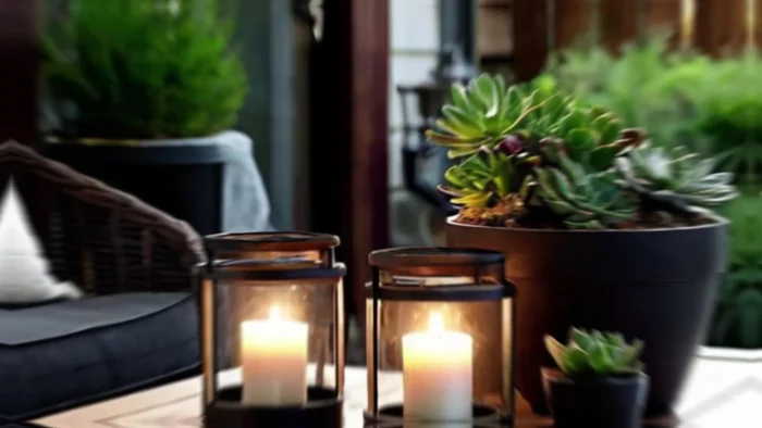 Decorate veranda with hanging lanterns, potted plants, and rustic accessories. Use string lights for ambiance.