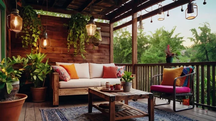 Decorate veranda with hanging lanterns, potted plants, and rustic accessories. Use string lights for ambiance.