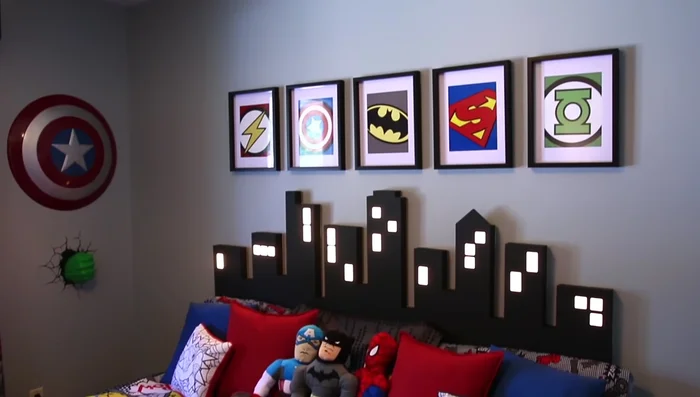 Add a superhero lamp (instructions linked in video).