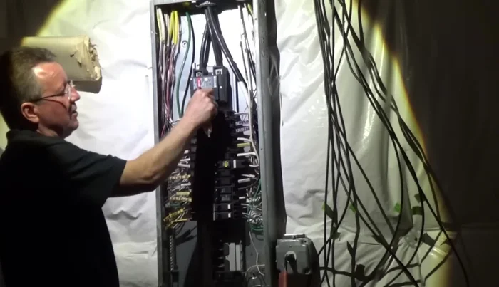 Stay away from main wires and lugs even when the main breaker is off; they may still be live.