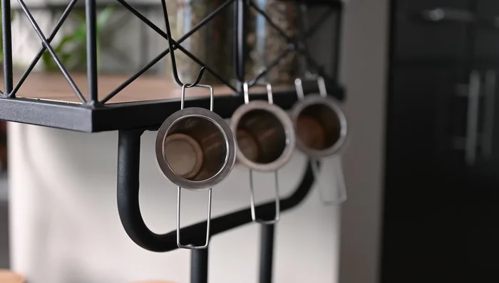 Store tea strainers. Attach hooks to the cart for easy access.