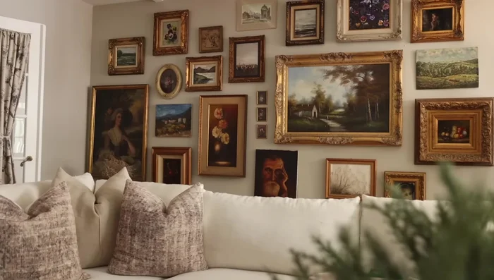 Step back and evaluate the completed gallery wall. Appreciate the creative outcome.