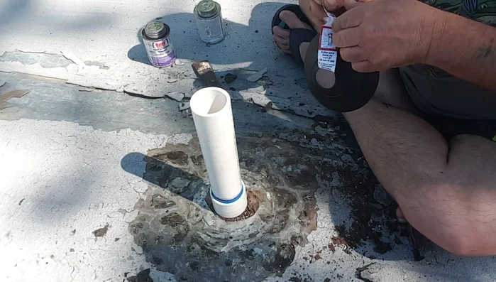 Apply the boot (rubber sealant) over the pipe and vent opening. May require some force and possibly trimming the boot.