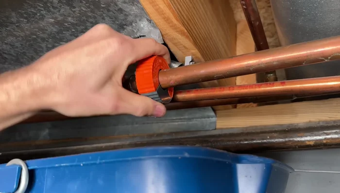 Install SharkBite fittings (or other suitable couplings). Crimp securely ensuring a watertight seal.