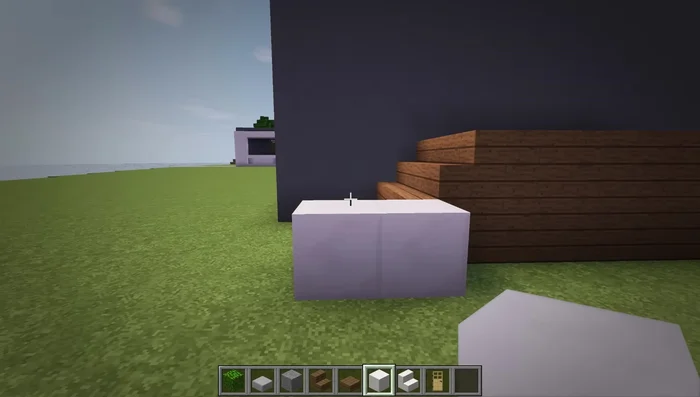 Create an overhang over the porch using quartz blocks and stairs, making the walls six blocks tall. Connect the top with a layer of quartz blocks.